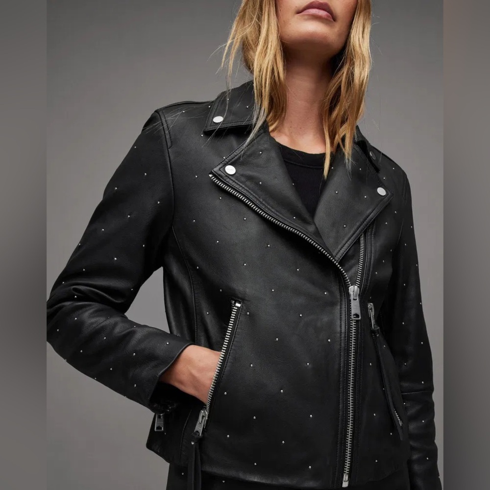 NWOT All Saints Dalby Pin-Studded Leather Biker Jacket